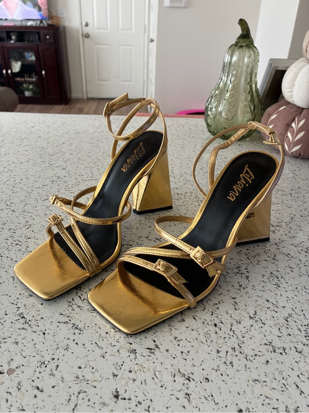 Liliana Gold Metallic Strappy Block Heel Sandals